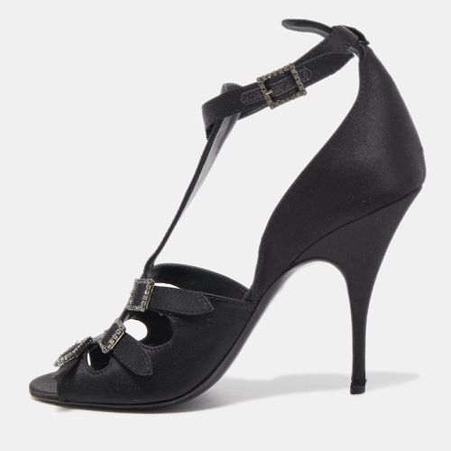 Givenchy Black Satin Crystal Buckle Embellished T Strap Open Toe Sandals Size 38 - Givenchy - Modalova