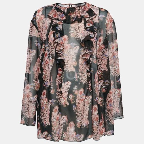 Giamba Black Feather-Floral Print Chiffon Ruffled Blouse L - Giamba - Modalova