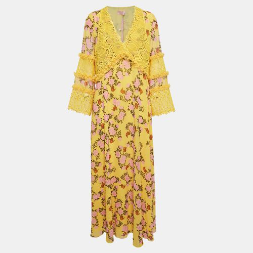 Giamba Yellow Floral Print Chiffon and Lace Cut-Out Maxi Dress M - Giamba - Modalova