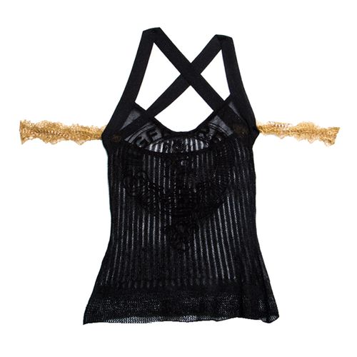 GF Ferre Metallic Black Scallop Lace Strap Detail Perforated Knit Top S - Gianfranco Ferre - Modalova