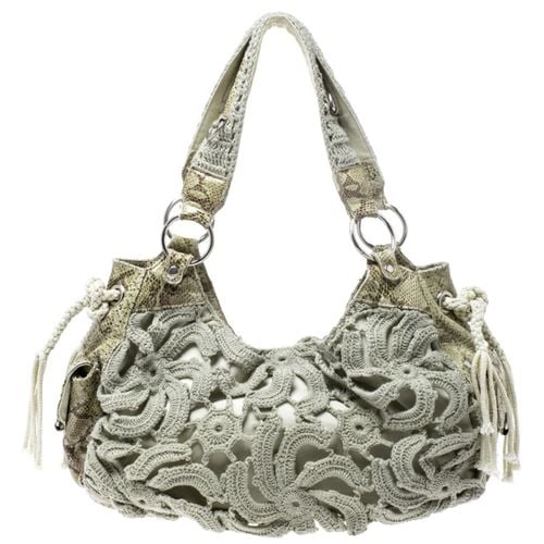 Gianfranco Ferre Olive Green/Cream Crochet and Python Embossed Leather Tote - Gianfranco Ferre - Modalova