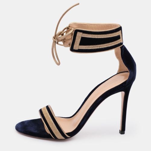 Gianvito Rossi Blue/Gold Velvet and Leather Augusta Ankle Cuff Sandals Size 36 - Gianvito Rossi - Modalova