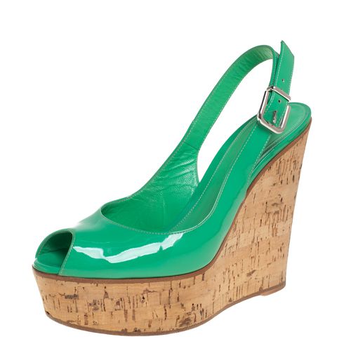 Gianvito Rossi Green Patent Leather Cork Wedge Platform Slingback Sandals Size 37 - Gianvito Rossi - Modalova