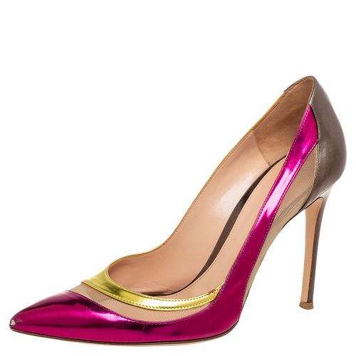 Gianvito Rossi Tri-Color Metallic Leather and Mesh Paneled Pointed-Toe Pumps Size 38.5 - Gianvito Rossi - Modalova