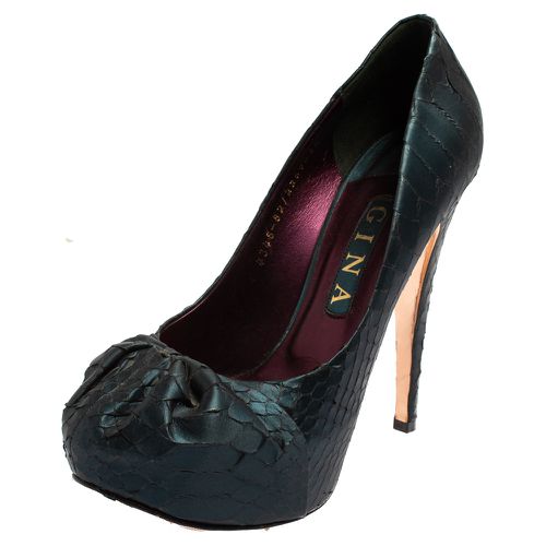 Gina Blue Python Embossed Leather Elle Platform Pumps Size 38.5 - Gina - Modalova