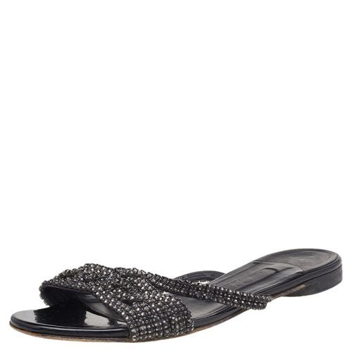 Gina Black Crystal Embellished Leather Flat Slides Size 37.5 - Gina - Modalova