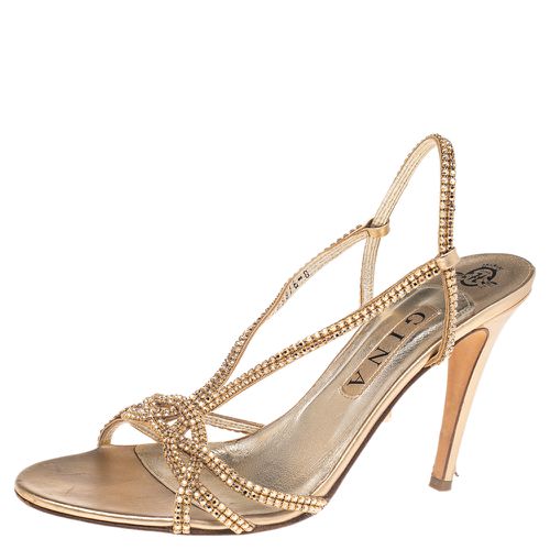 Gina Gold Crystal Embellished Leather Strappy Slingback Sandals Size 41 - Gina - Modalova