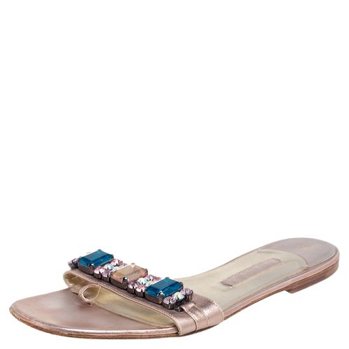 Gina Metallic Beige Leather Crystal Embellished Slip On Flat Slides Size 41 - Gina - Modalova