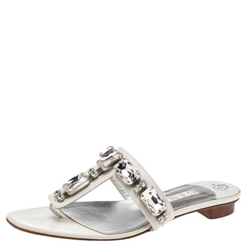 Gina White Leather Crystal Embellished Thong Flat Slides Size 40.5 - Gina - Modalova