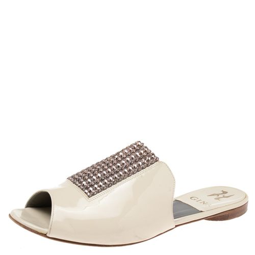 Gina Cream Patent Leather Crystal Embellished Slide Sandals Size 39 - Gina - Modalova