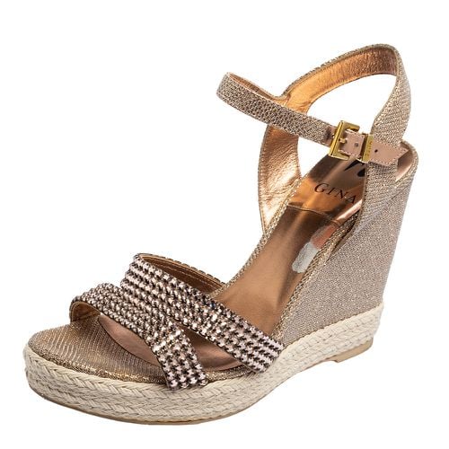 Gina Rose Gold Glitter and Crystal-Embellished Leather Espadrille Platform Wedge Sandals Size 40 - Gina - Modalova