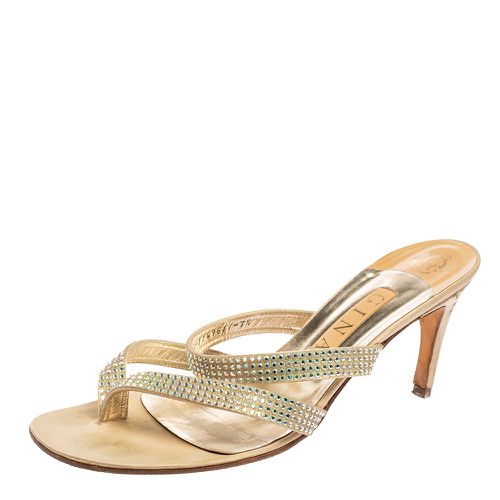 Gina Gold Crystal Embellished Leather Slide Sandals Size 40.5 - Gina - Modalova