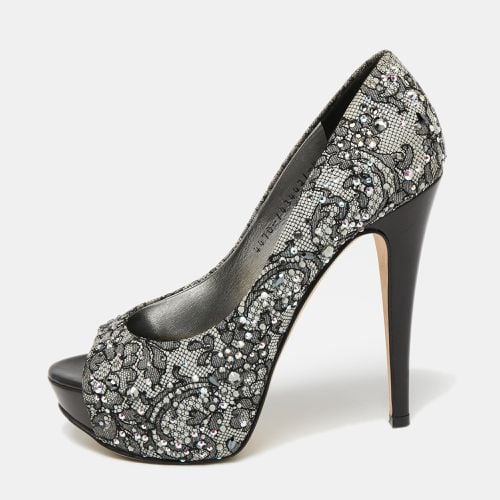 Gina Grey/Black Lace Crystal Embellished Open Peep Platform Pumps Size 37 - Gina - Modalova