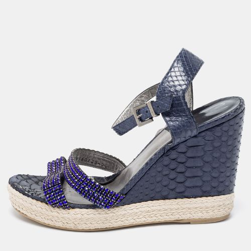 Gina Navy Blue Python Leather Crystal Embellished Wedge Platform Ankle-Strap Sandals Size 40.5 - Gina - Modalova