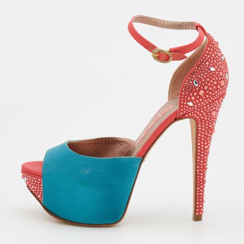 Gina Turquoise/Red Satin and Canvas Crystal Embellished Platform Ankle Strap Sandals Size 39 - Gina - Modalova