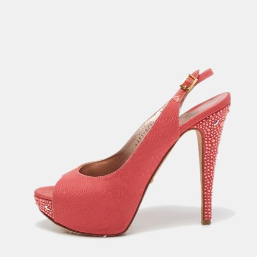 Gina Coral Pink Canvas Crystal Embellished Open Toe Slingback Pumps Size 39.5 - Gina - Modalova