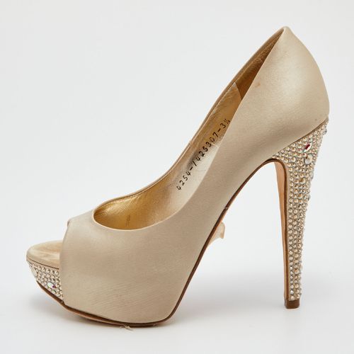 Satin Crystal Embellished Heel Open Toe Platform Pumps Size 36.5 - Gina - Modalova