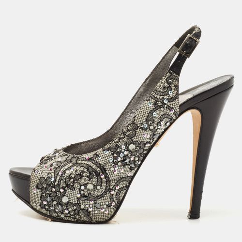 Gina Black Lace Crystal Embellished Peep Toe Slingback Platform Pumps Size 37.5 - Gina - Modalova