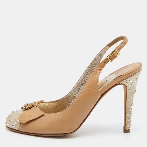 Gina Beige Leather and Satin Crystal Embellished Slingback Sandals Size 37 - Gina - Modalova