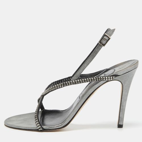 Gina Metallic Grey Leather Crystal Embellished Slingback Sandals Size 39.5 - Gina - Modalova