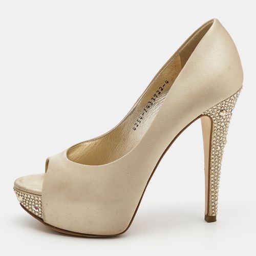 Gina Beige Satin Crystal Embellished Heel Peep Toe Platform Pumps Size 37 - Gina - Modalova