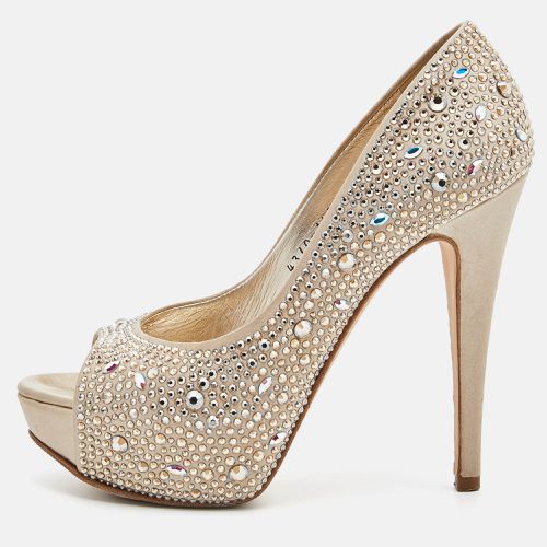 Gina Beige Satin Crystal Embellished Peep Toe Platform Pumps Size 37 - Gina - Modalova