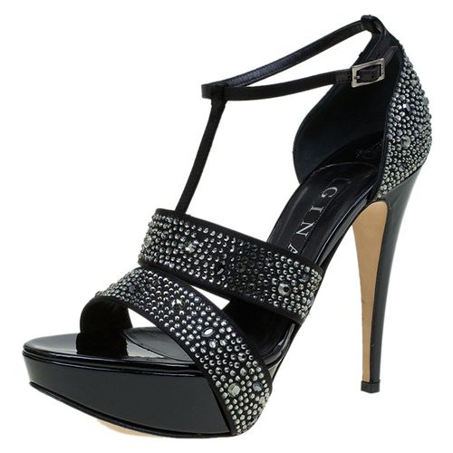 Gina Black Crystal Embellished Leather T Strap Platform Sandals Size 38 - Gina - Modalova