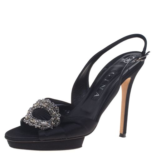 Gina Black Satin Brooch Embellished Slingback Sandals Size 39.5 - Gina - Modalova