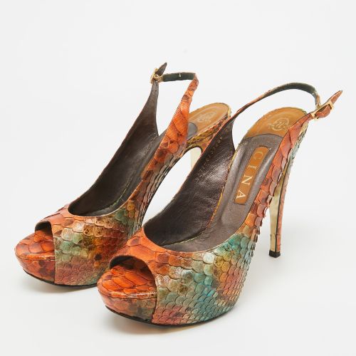 Tricolor Python Open Toe Platform Slingback Pumps Size 40.5 - Gina - Modalova