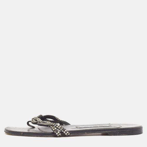 Gina Black Leather Crystal Embellished Flat Slides Size 37 - Gina - Modalova