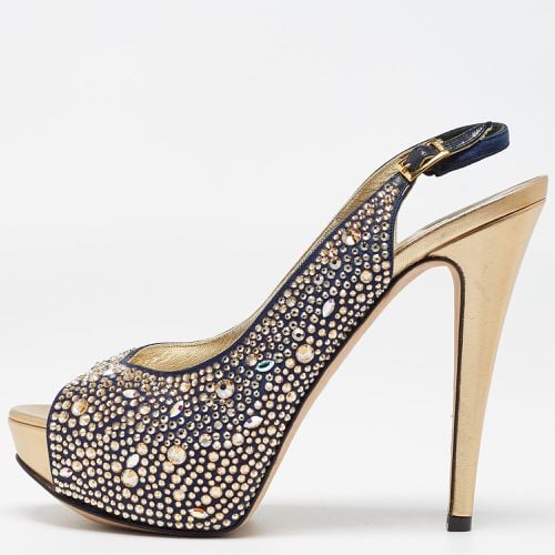 Gina Navy Blue/Gold Crystal Embellished Satin Open Toe Slingback Sandals Size 39 - Gina - Modalova