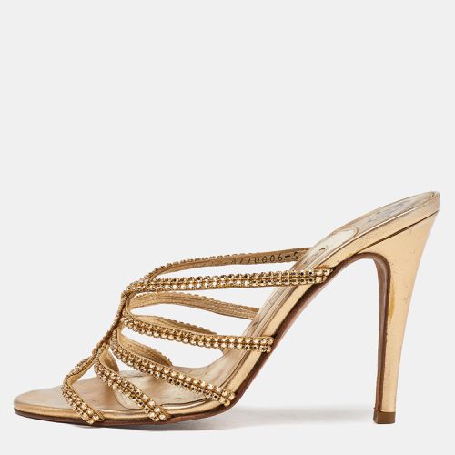 Gina Gold Crystal Embellished Leather Strappy Slide Sandals Size 38 - Gina - Modalova