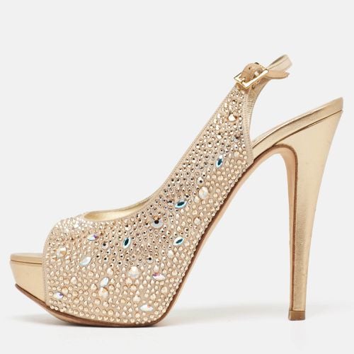 Gina Gold Crystal Embellished Satin Platform Peep Toe Slingback Sandals Size 37.5 - Gina - Modalova