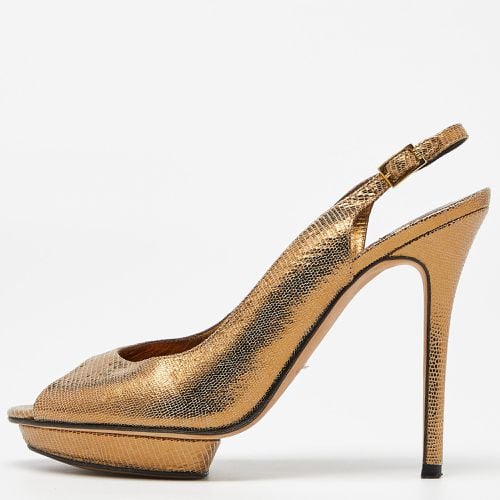 Gina Metallic Gold Lizard Embossed Leather Platform Peep Toe Slingback Sandals Size 39 - Gina - Modalova