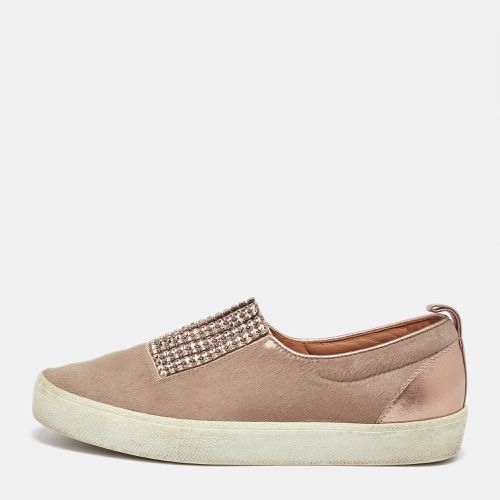 Gina Beige/Metallic Calf Hair and Leather Crystal Embellished Slip On Sneakers Size 37 - Gina - Modalova