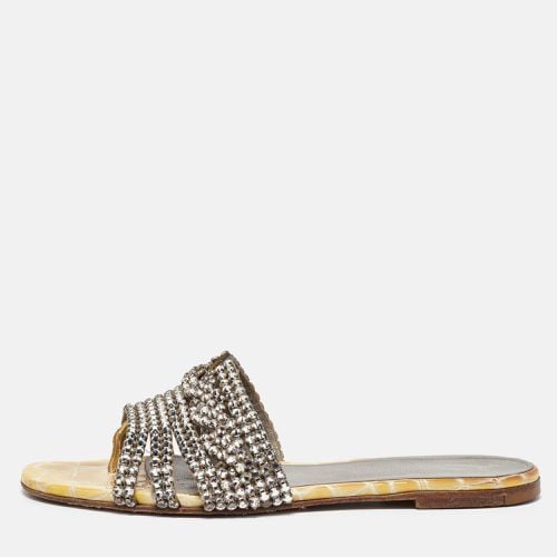 Gina Yellow/Grey Croc Embossed Crystal Embellished Leather Flat Slides Size 38 - Gina - Modalova