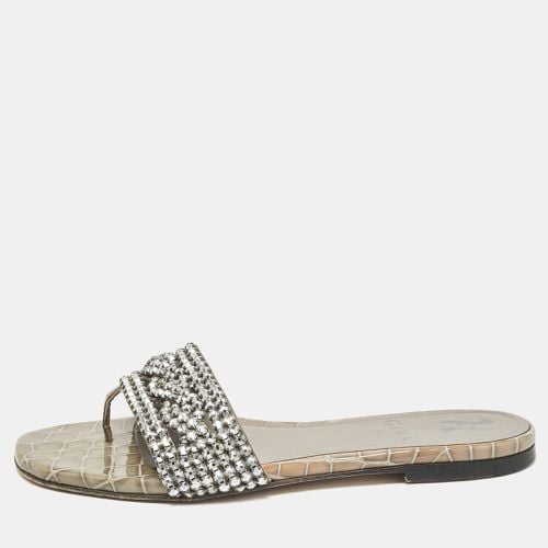 Gina Grey Croc Embossed Patent and Leather Crystal Embellished Flat Slides Size 36 - Gina - Modalova