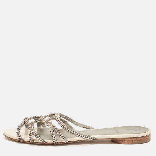 Gina Beige Leather Crystal Embellished Flat Slides Size 40 - Gina - Modalova