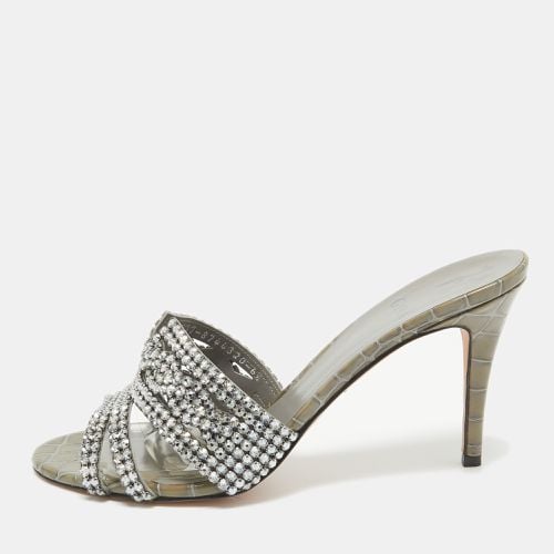 Gina Grey Croc Embossed Patent Leather Crystal Embellished Side Sandals Size 39.5 - Gina - Modalova