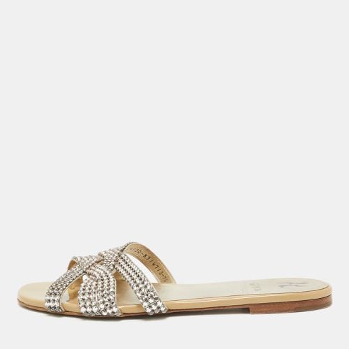 Gina Beige/Silver Crystal Embellished Leather Flat Slides Size 40.5 - Gina - Modalova