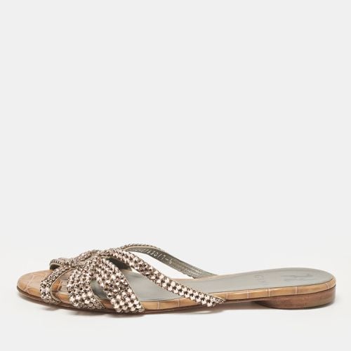 Gina Pink/Brown Crystal Embellished Leather Flat Slides Size 39 - Gina - Modalova