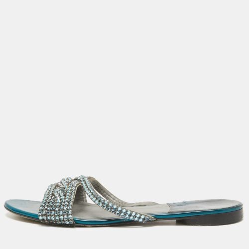 Gina Blue Leather Crystal Embellished Flat Sandals Size 40.5 - Gina - Modalova