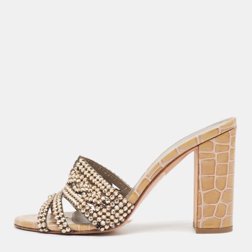 Gina Gold Crystal Embellished Leather Slide Sandals Size 38.5 - Gina - Modalova