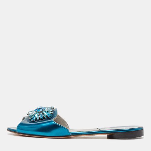 Gina Blue Leather Crystal Embellished Flat Sandals Size 37 - Gina - Modalova