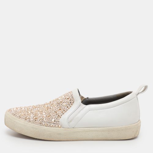 Gina White/Beige Leather and Satin Crystal Embellished Slip On Sneakers Size 38 - Gina - Modalova