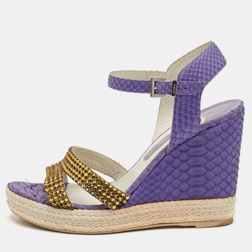 Size 40 Python Leather Crystal Embellished Platform Wedge Ankle Strap Sandals - Gina - Modalova