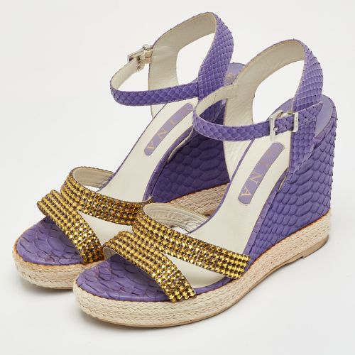 Size 40 Python Leather Crystal Embellished Platform Wedge Ankle Strap Sandals - Gina - Modalova