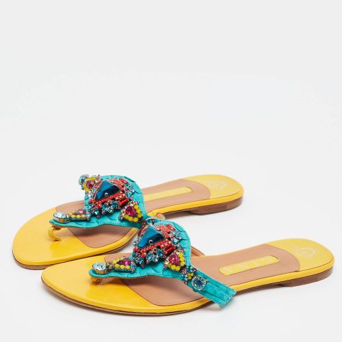 Size 40 Python Leather Crystals Embellished Thong Flat Sandals - Gina - Modalova