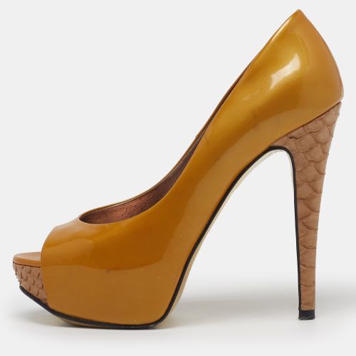 Size 37 /Beige Patent Leather and Python Leather Platform Open Toe Pumps - Gina - Modalova