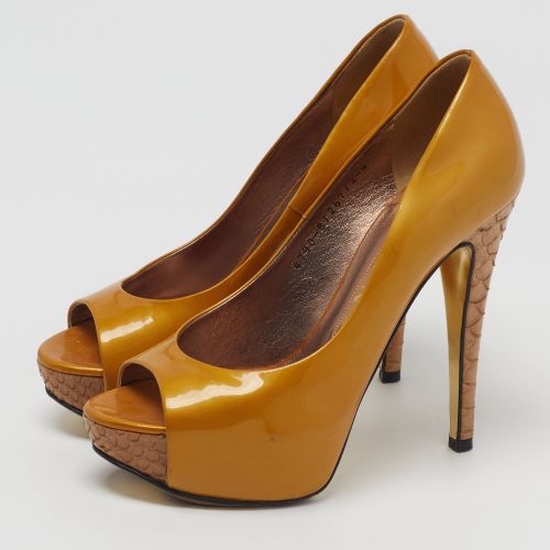 Size 37 /Beige Patent Leather and Python Leather Platform Open Toe Pumps - Gina - Modalova